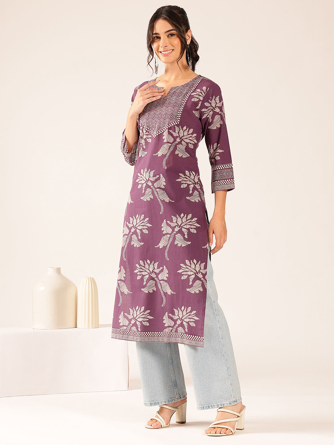 Lavender Floral Straight Cotton Stitched Kurta