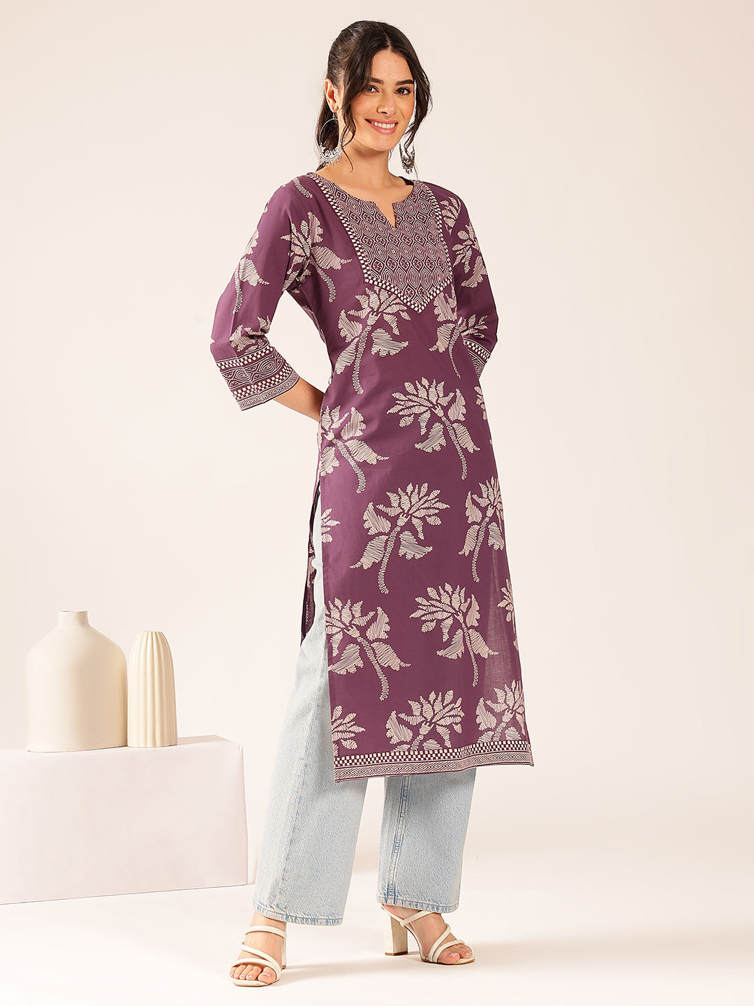 Lavender Floral Straight Cotton Stitched Kurta