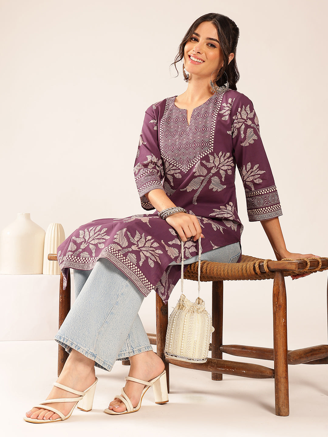 Lavender Floral Straight Cotton Stitched Kurta