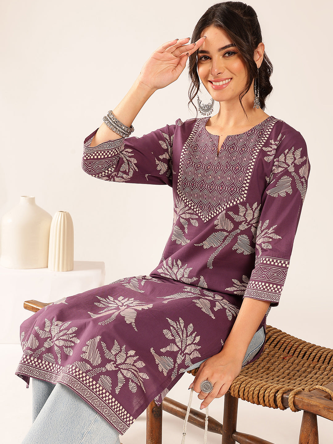 Lavender Floral Straight Cotton Stitched Kurta