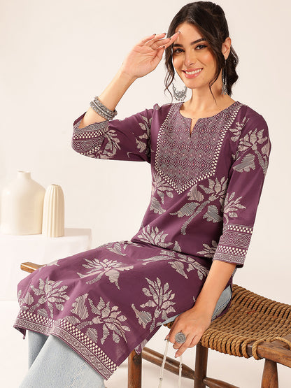 Lavender Floral Straight Cotton Stitched Kurta