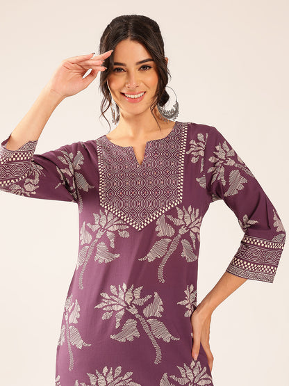 Lavender Floral Straight Cotton Stitched Kurta