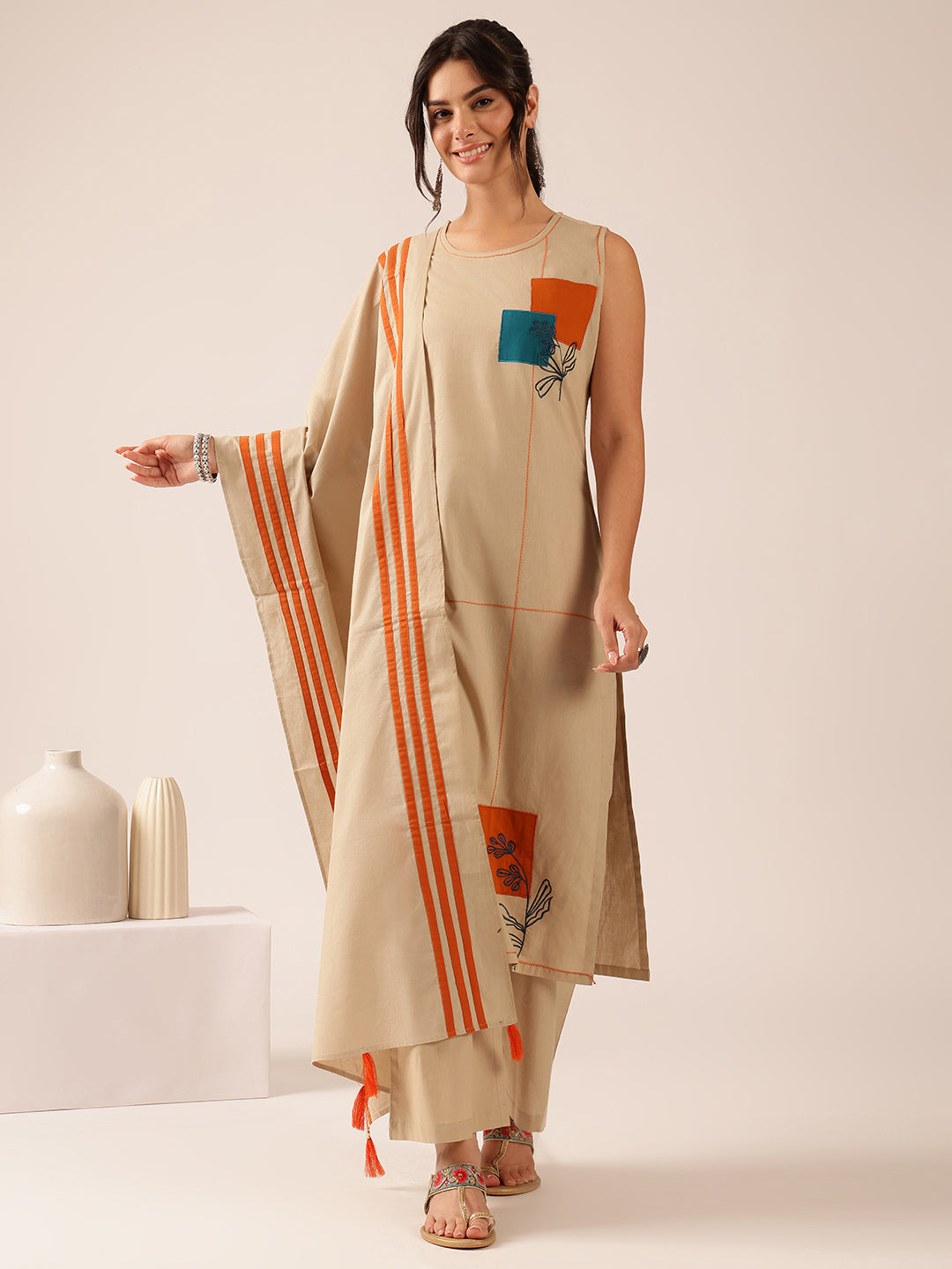 Beige Applique Straight Mul Cotton Kurta Set
