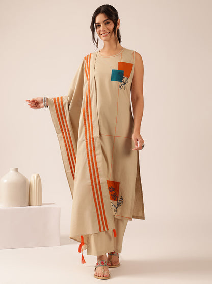 Beige Applique Straight Mul Cotton Kurta Set