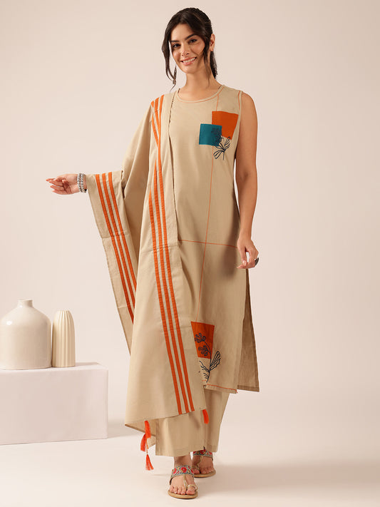 Beige Applique Straight Mul Cotton Kurta Set