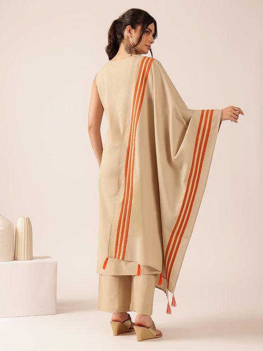 Beige Applique Straight Mul Cotton Kurta Set