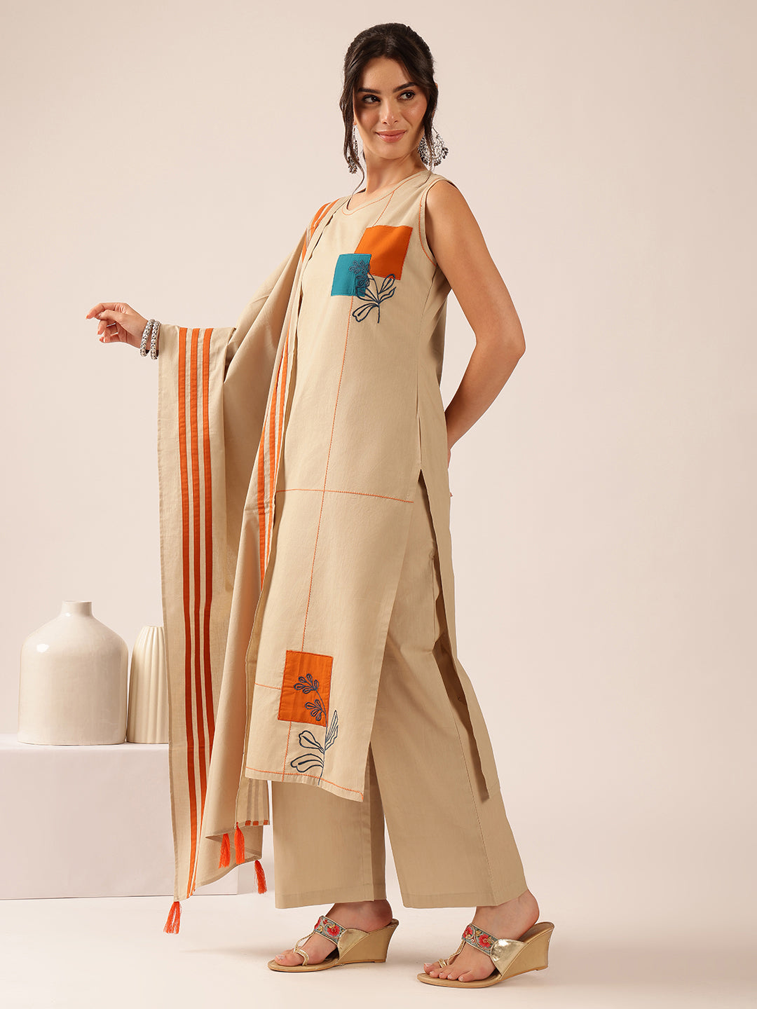 Beige Applique Straight Mul Cotton Kurta Set