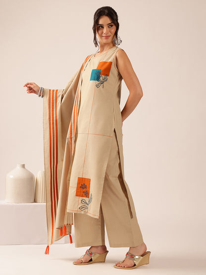 Beige Applique Straight Mul Cotton Kurta Set