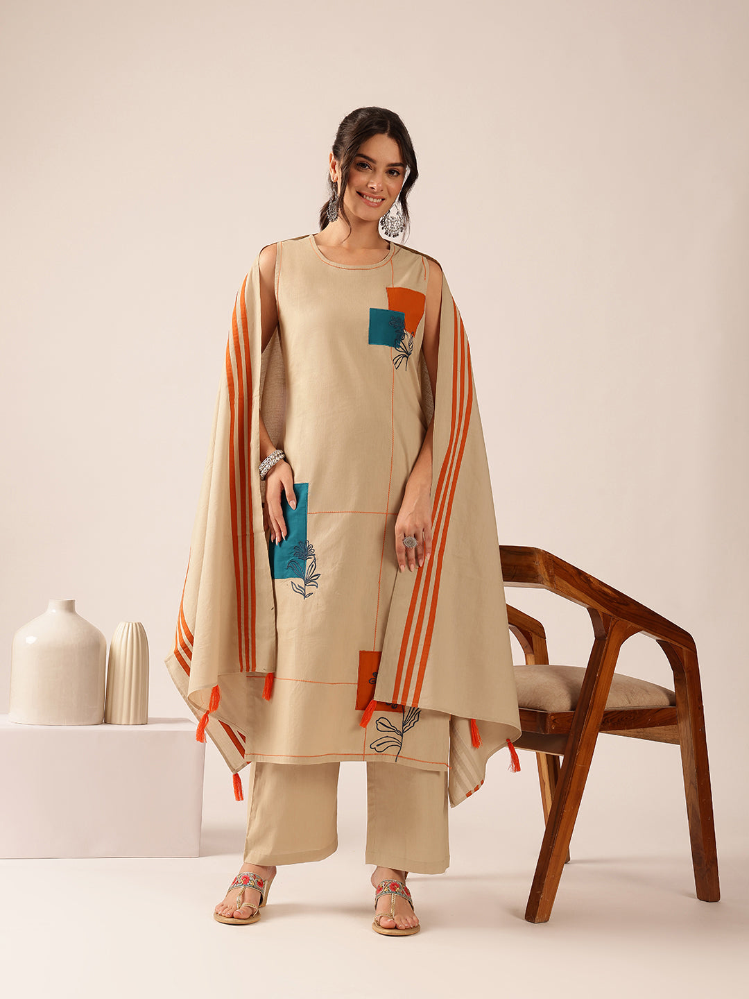 Beige Applique Straight Mul Cotton Kurta Set