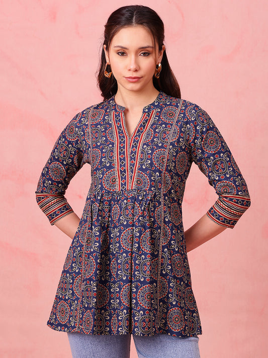 Navy Geometric Fit & Flare Cotton Stitched Tunic