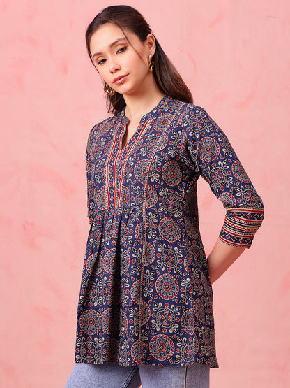 Navy Geometric Fit & Flare Cotton Stitched Tunic