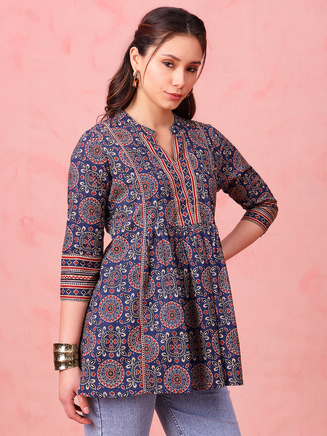 Navy Geometric Fit & Flare Cotton Stitched Tunic