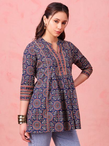 Navy Geometric Fit & Flare Cotton Stitched Tunic