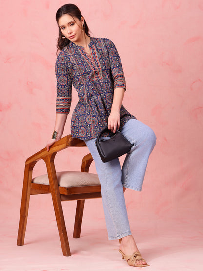 Navy Geometric Fit & Flare Cotton Stitched Tunic