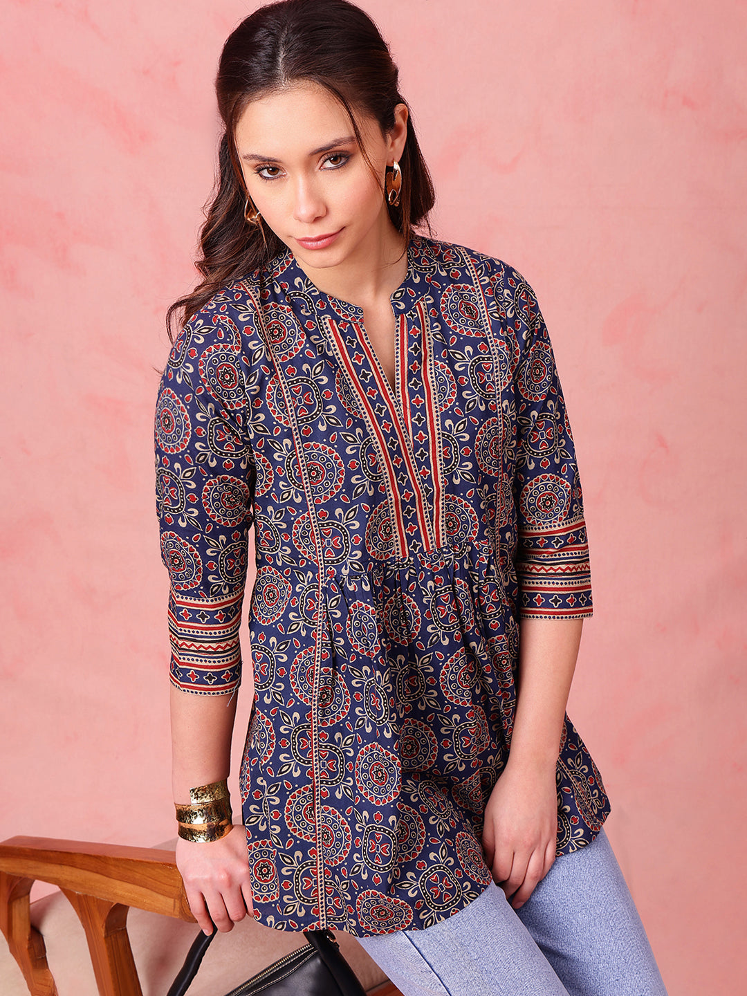 Navy Geometric Fit & Flare Cotton Stitched Tunic
