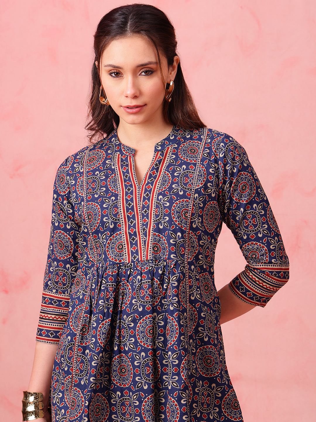 Navy Geometric Fit & Flare Cotton Stitched Tunic