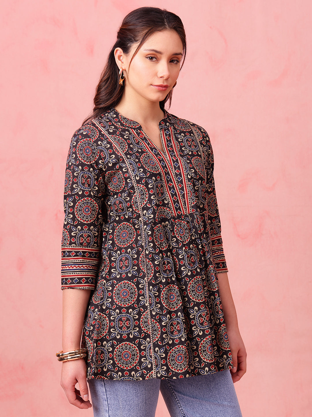 Black Geometric Fit & Flare Cotton Stitched Tunic