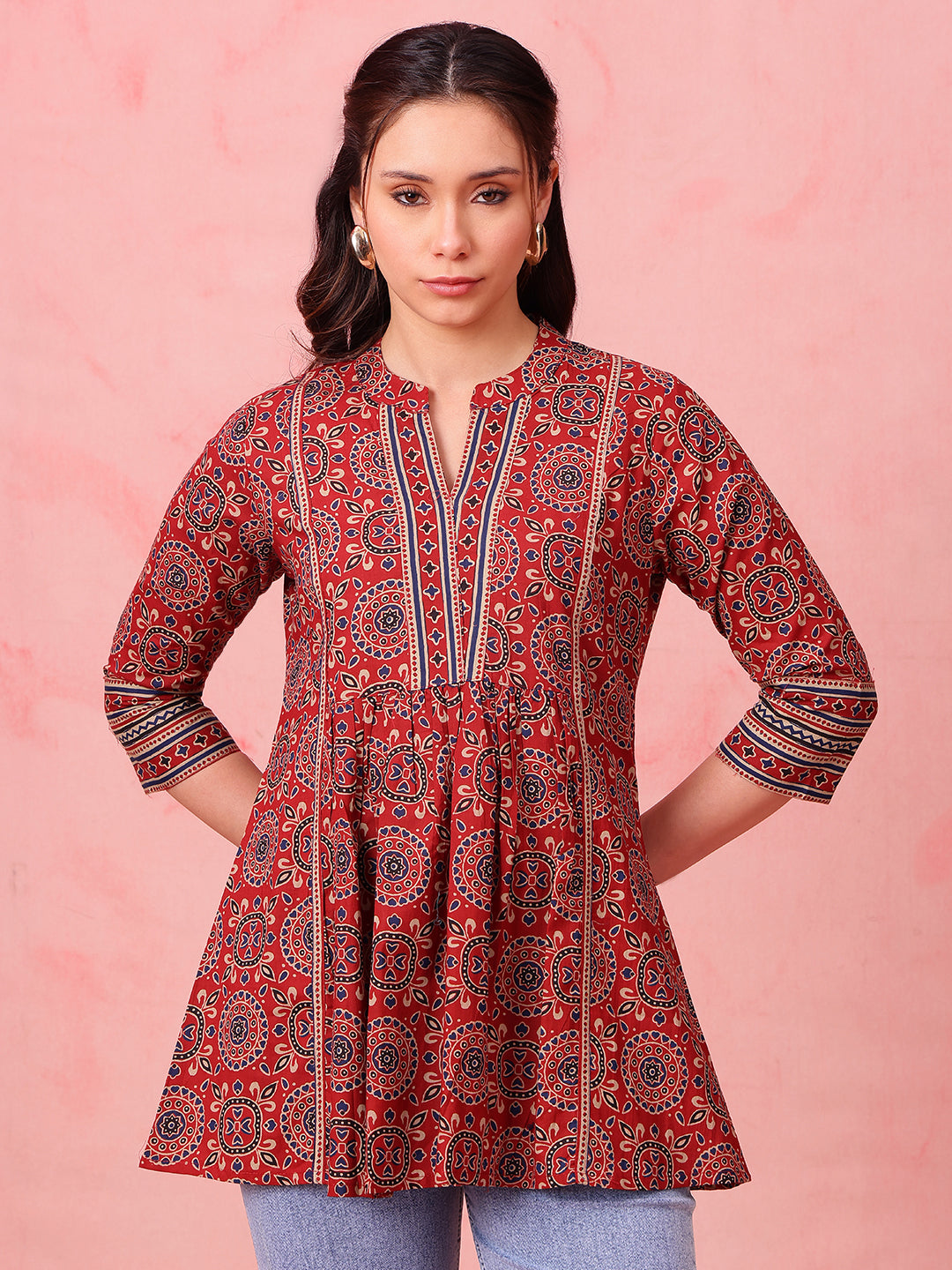 Maroon Geometric Fit & Flare Cotton Stitched Tunic