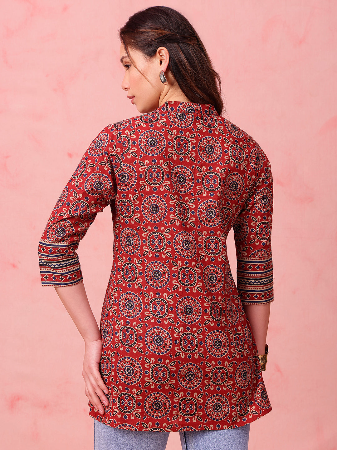 Maroon Geometric Fit & Flare Cotton Stitched Tunic