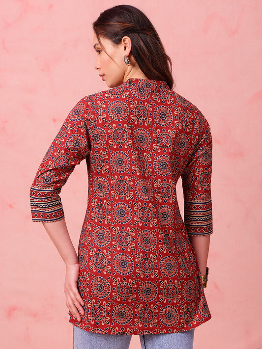 Maroon Geometric Fit & Flare Cotton Stitched Tunic