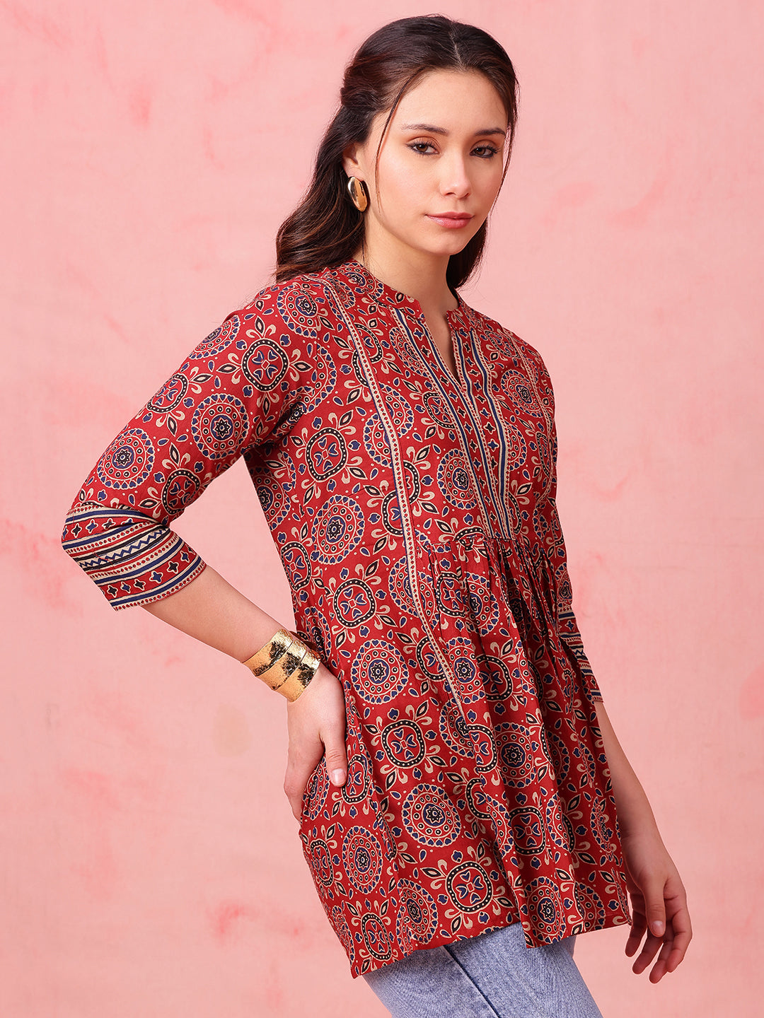 Maroon Geometric Fit & Flare Cotton Stitched Tunic