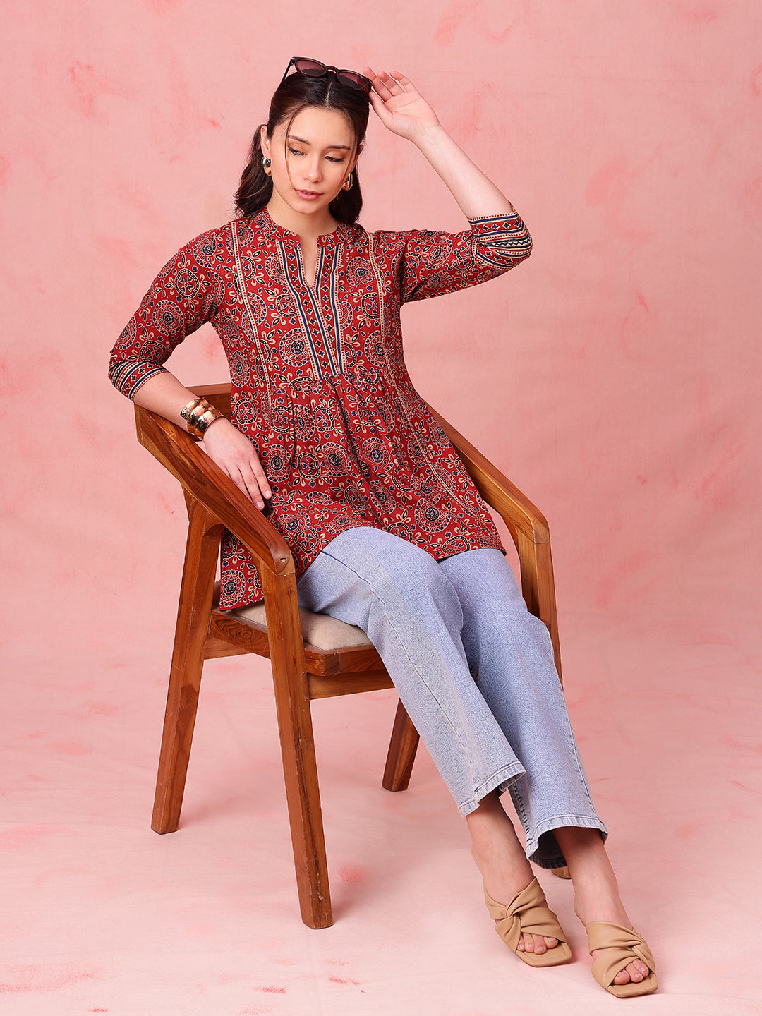 Maroon Geometric Fit & Flare Cotton Stitched Tunic