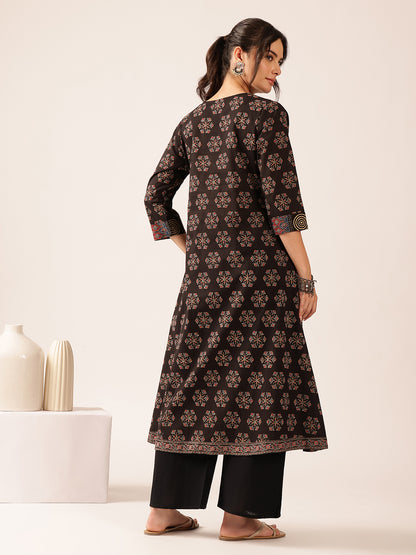 Black Floral A-Line Cotton Stitched Kurta