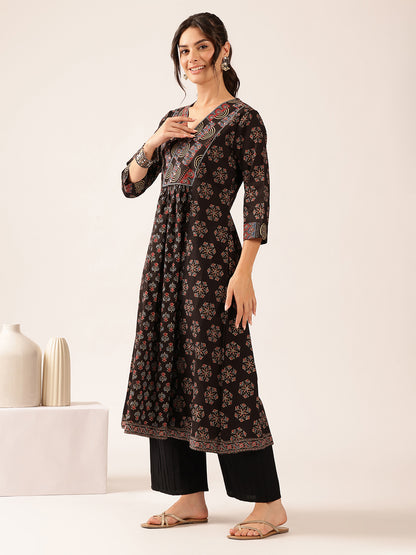 Black Floral A-Line Cotton Stitched Kurta