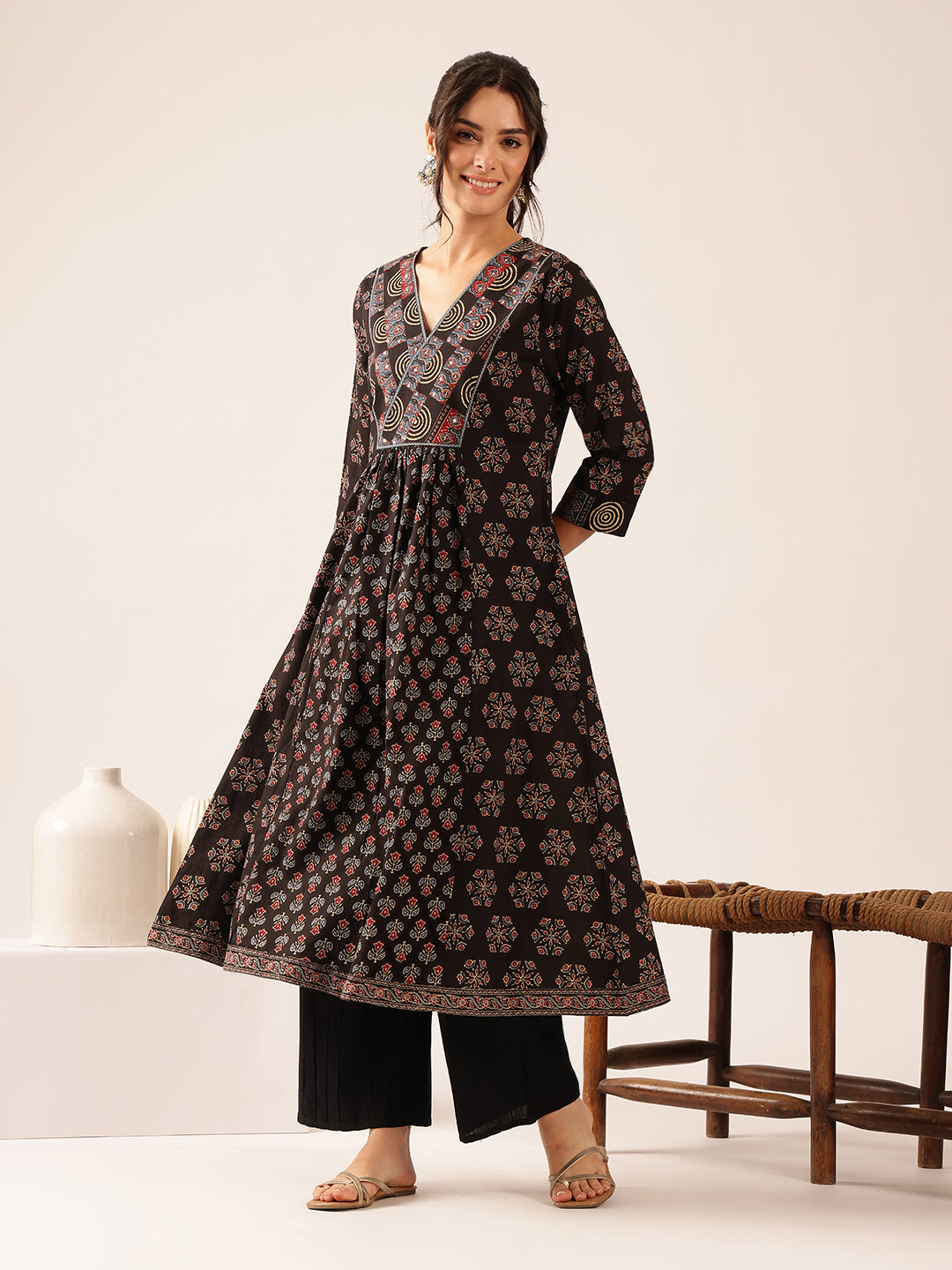 Black Floral A-Line Cotton Stitched Kurta