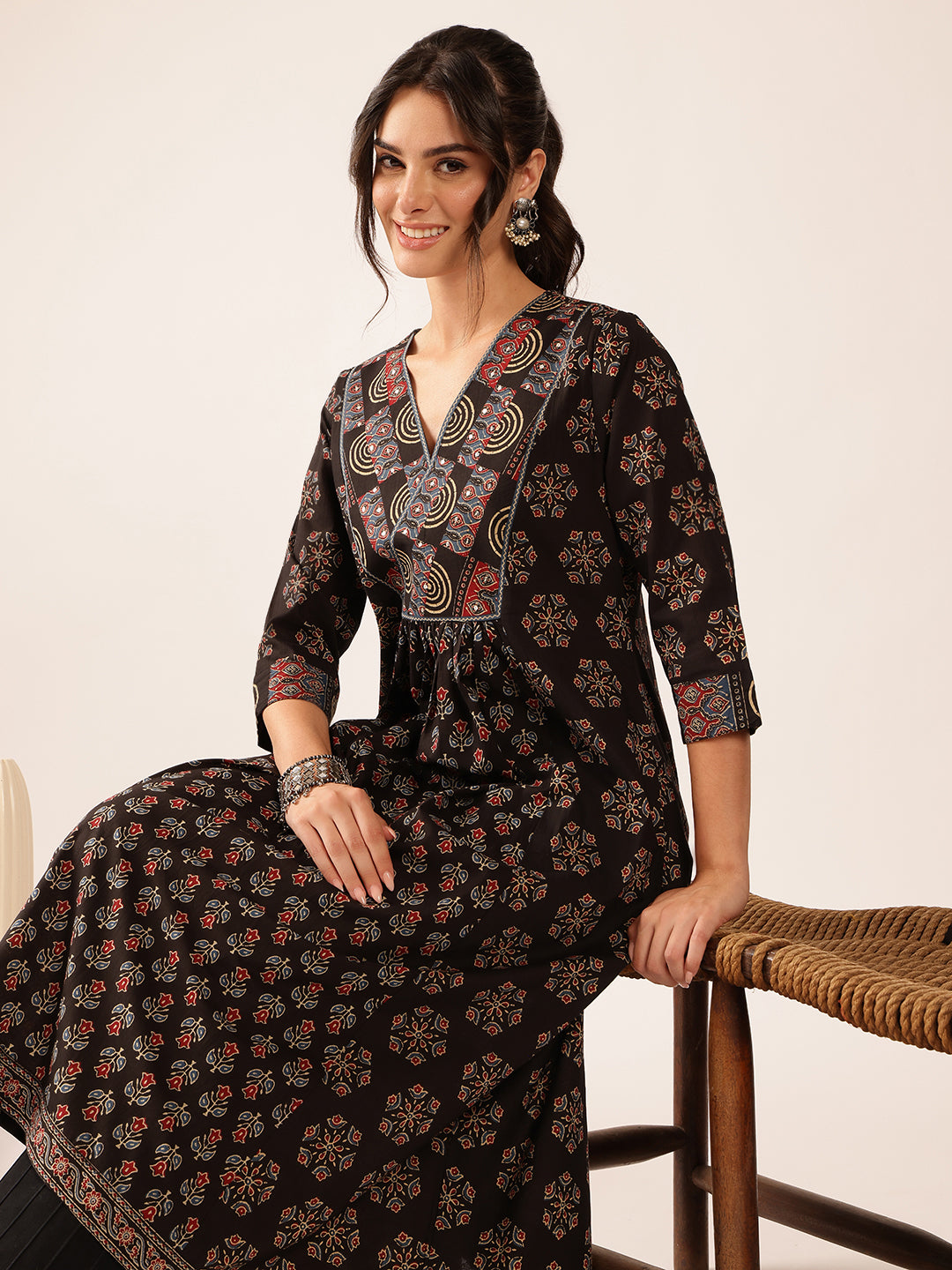 Black Floral A-Line Cotton Stitched Kurta