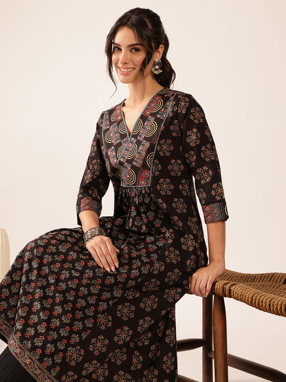 Black Floral A-Line Cotton Stitched Kurta