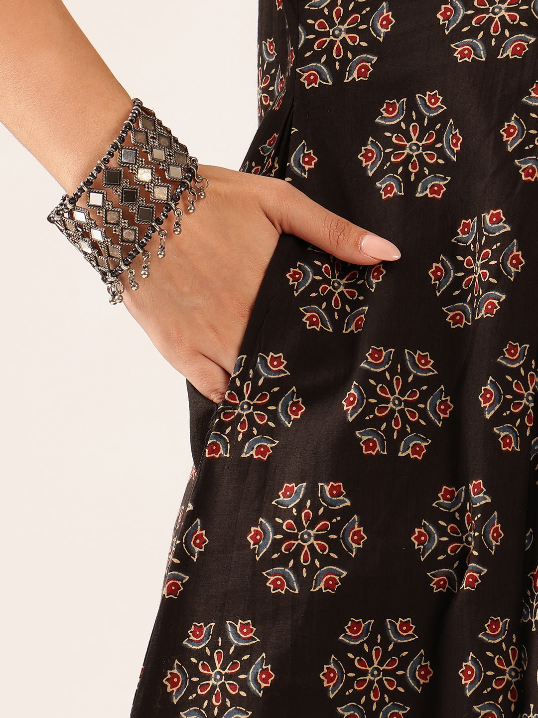 Black Floral A-Line Cotton Stitched Kurta