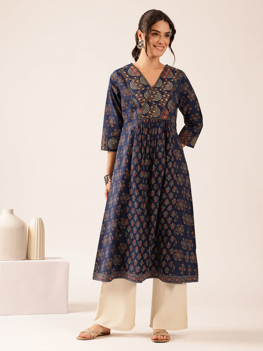 Blue Floral A-Line Cotton Stitched Kurta