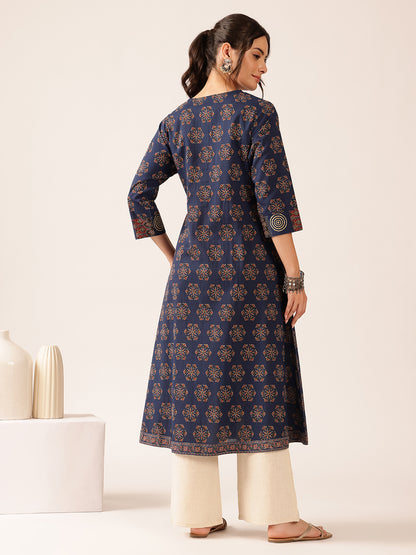 Blue Floral A-Line Cotton Stitched Kurta