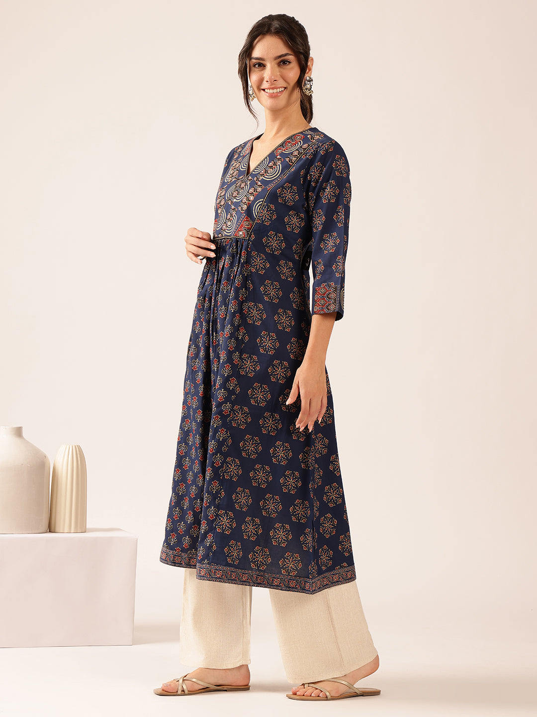 Blue Floral A-Line Cotton Stitched Kurta