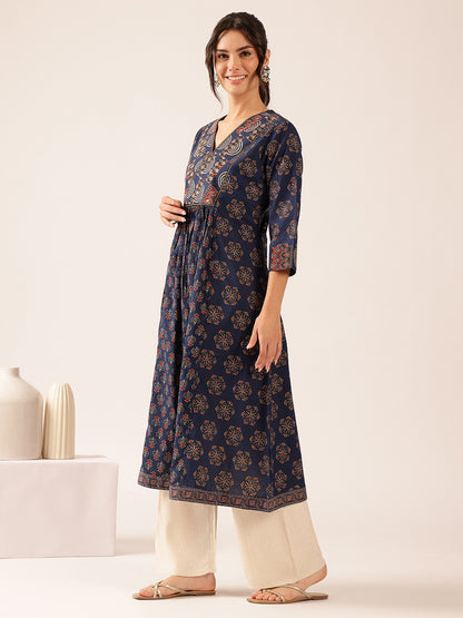 Blue Floral A-Line Cotton Stitched Kurta