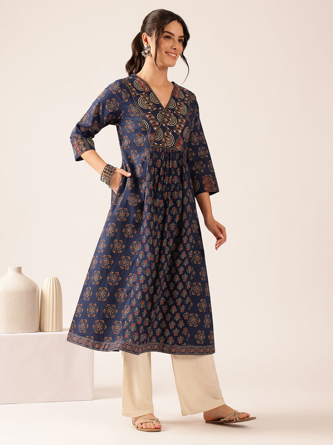 Blue Floral A-Line Cotton Stitched Kurta