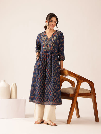 Blue Floral A-Line Cotton Stitched Kurta