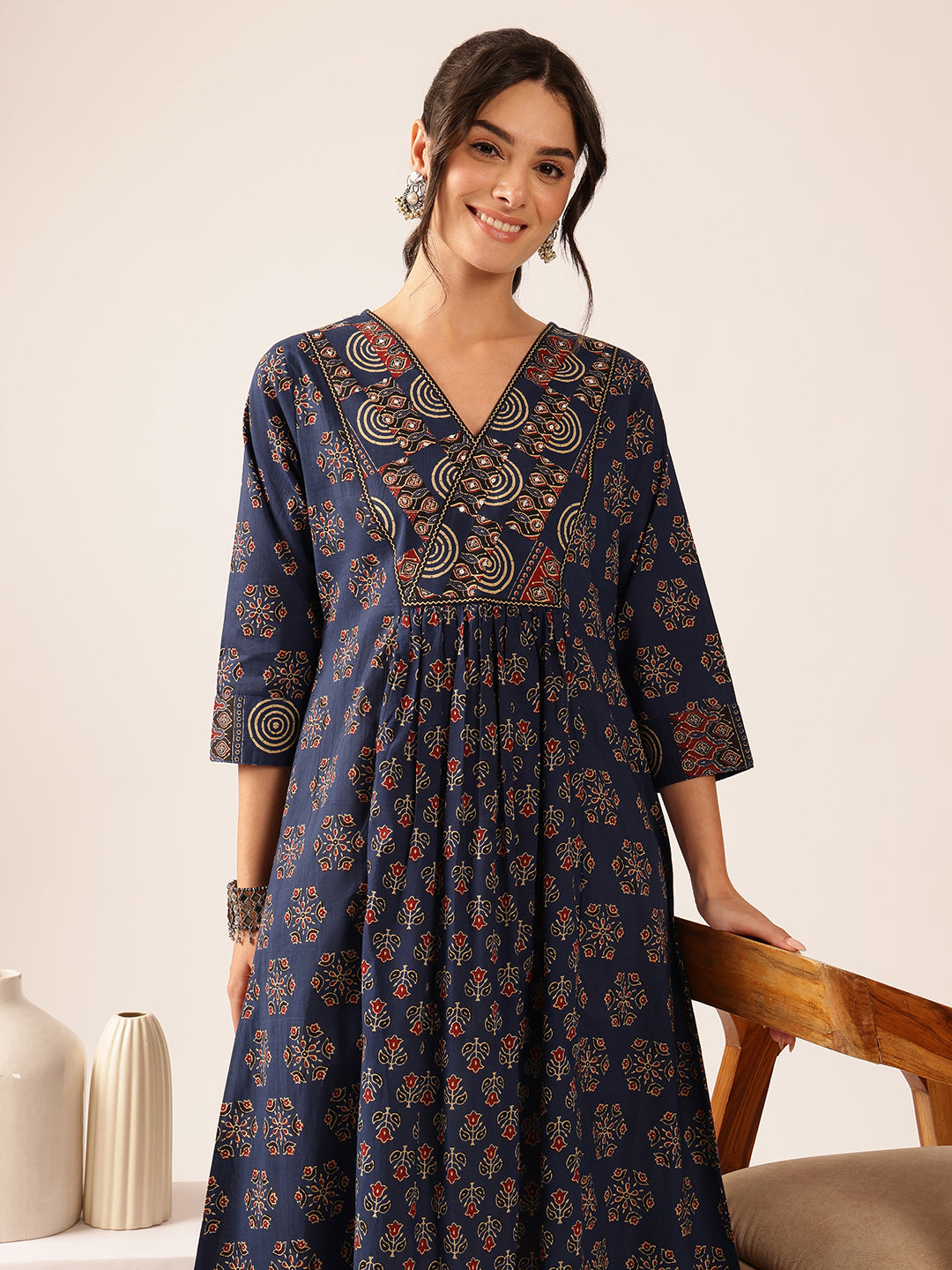 Blue Floral A-Line Cotton Stitched Kurta