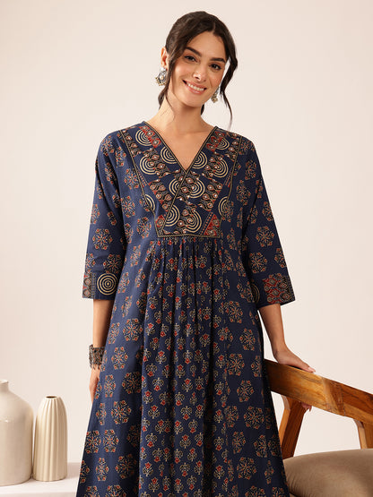 Blue Floral A-Line Cotton Stitched Kurta