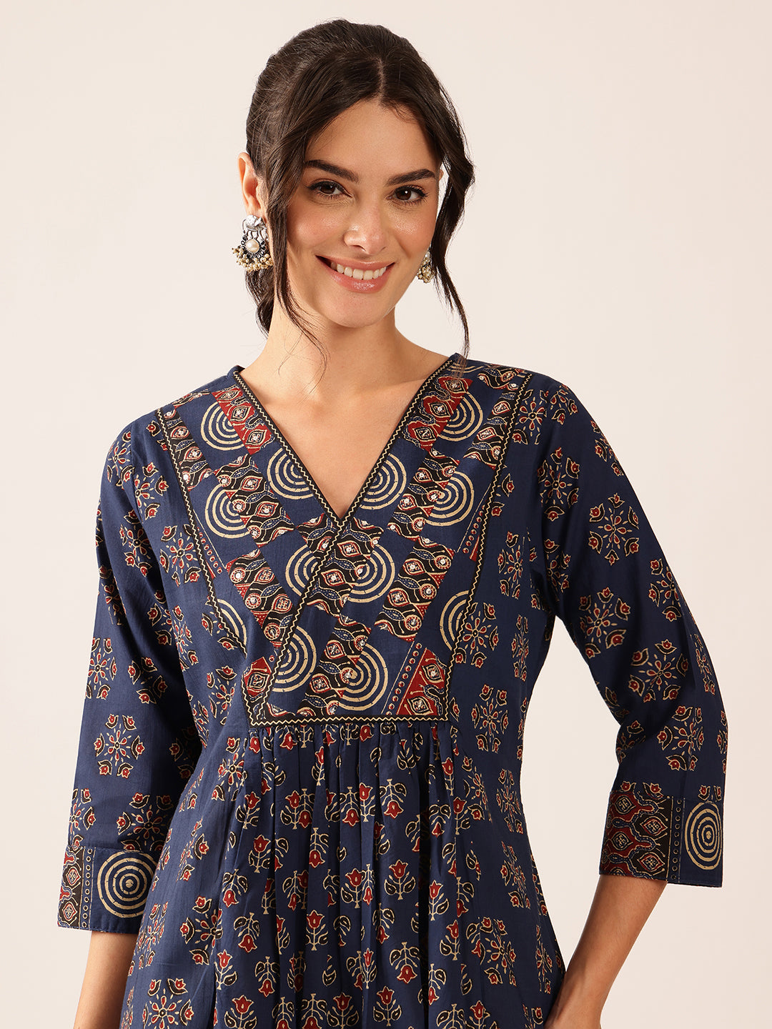 Blue Floral A-Line Cotton Stitched Kurta