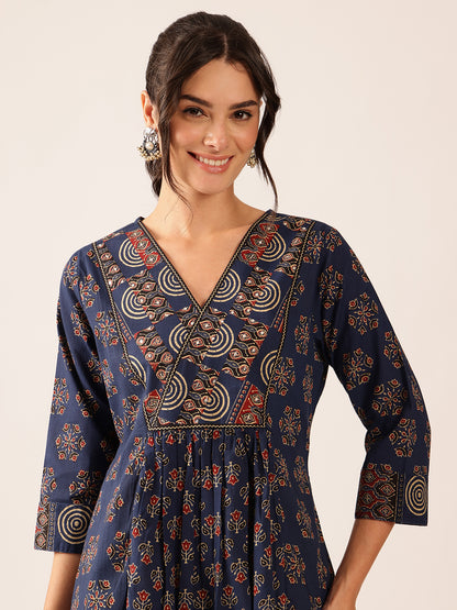 Blue Floral A-Line Cotton Stitched Kurta