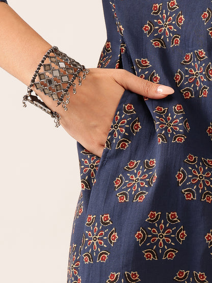 Blue Floral A-Line Cotton Stitched Kurta