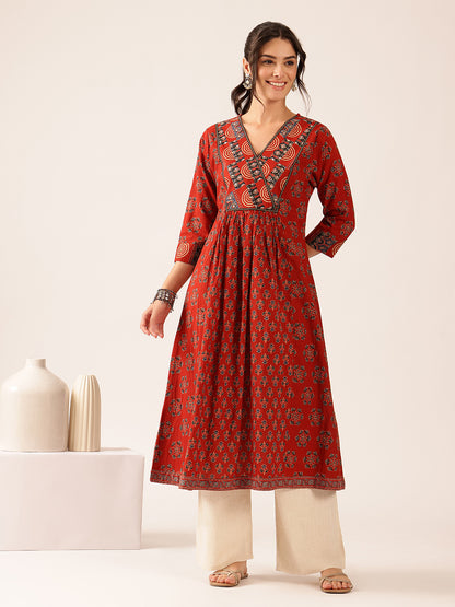 Maroon Floral A-Line Cotton Stitched Kurta