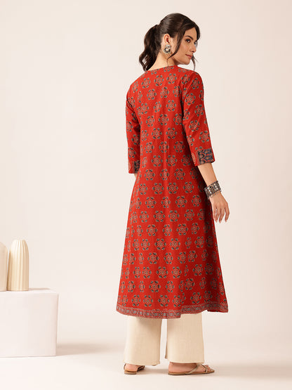 Maroon Floral A-Line Cotton Stitched Kurta