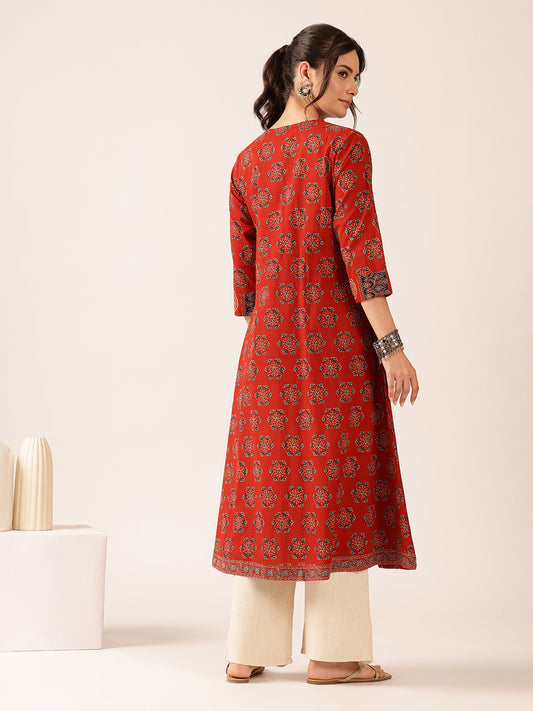 Maroon Floral A-Line Cotton Stitched Kurta