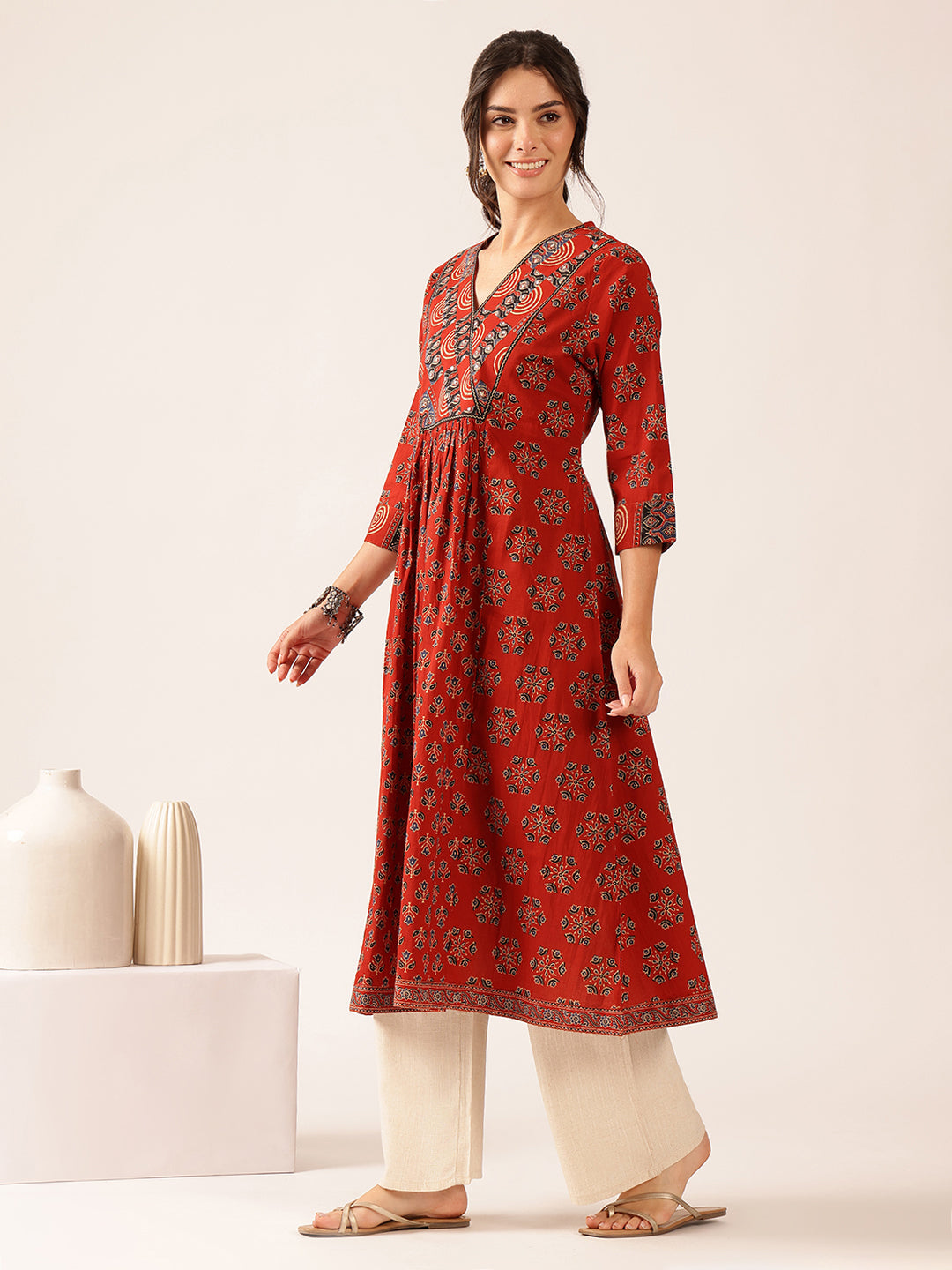 Maroon Floral A-Line Cotton Stitched Kurta
