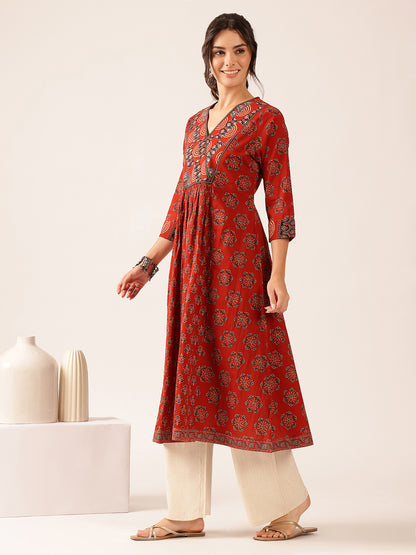 Maroon Floral A-Line Cotton Stitched Kurta
