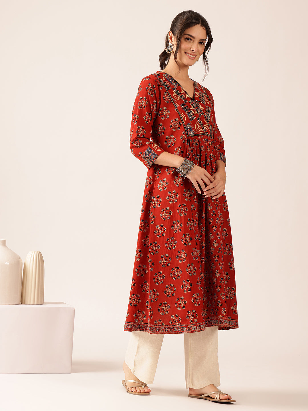 Maroon Floral A-Line Cotton Stitched Kurta