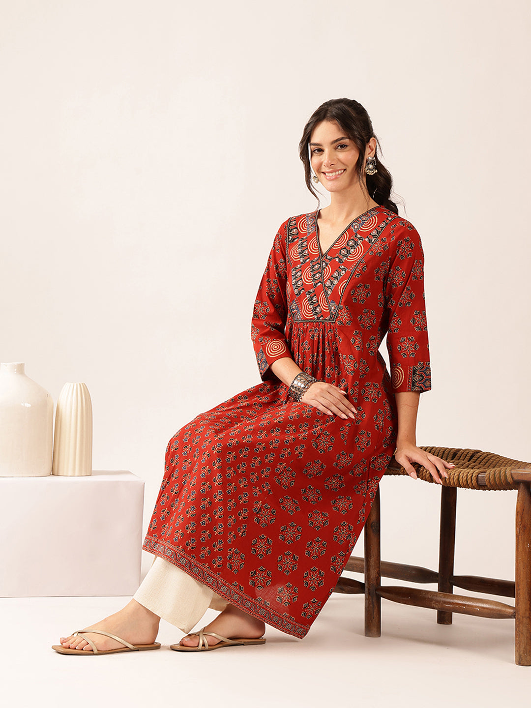 Maroon Floral A-Line Cotton Stitched Kurta
